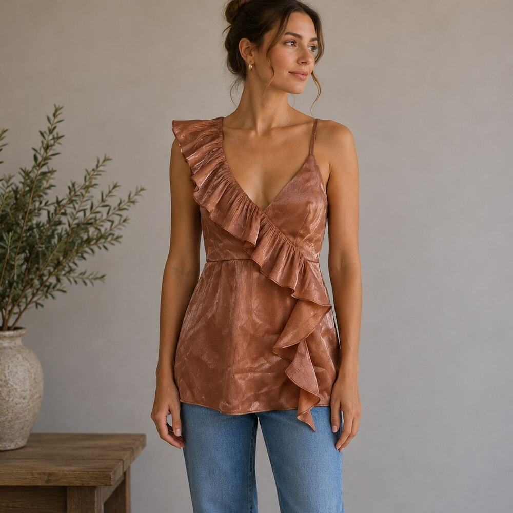 Lovers + Friends Pink Shimmer Ruffle Blouse Small